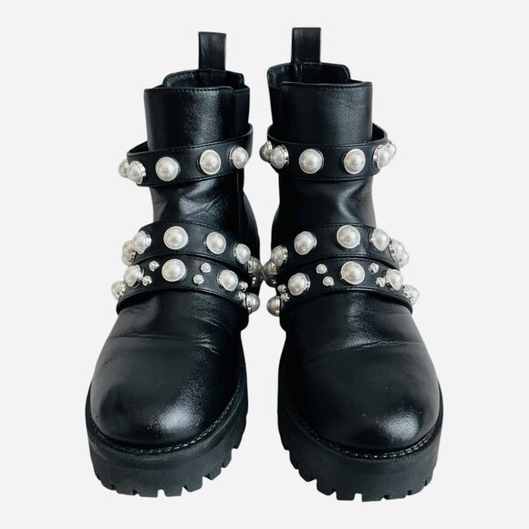 Black Leatherette Pearl Stud Platform Combat Boots Women's Size 7.5 Good Plus - Picture 4 of 7